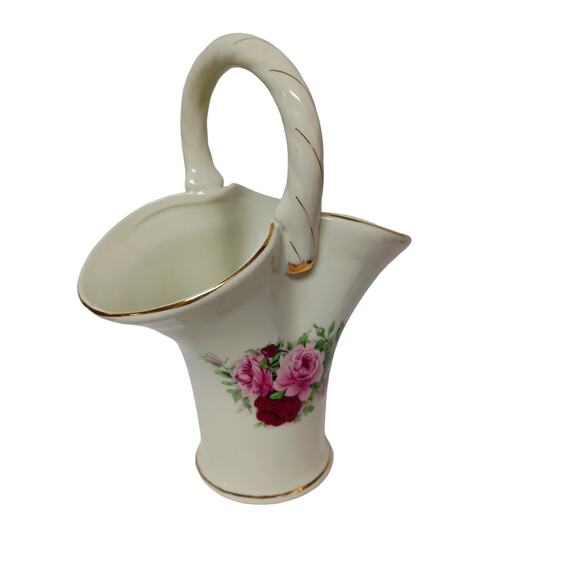 Formalities Style Ceramic Basket Vase Red Pink Rose Handle Gold Accent Decor VTG - Picture 2 of 15